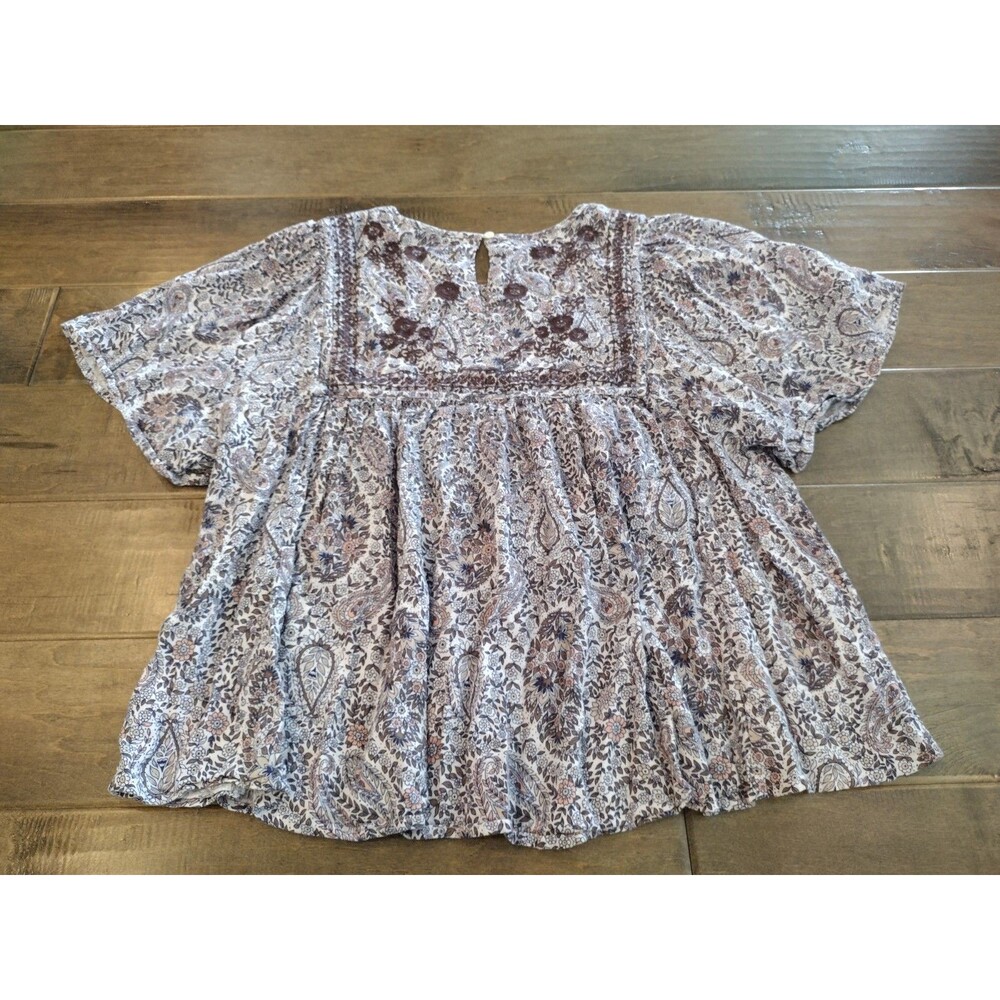 Lucky Brand Lavender Paisley Short Sleeve Peasant Blouse - Picture 2 of 8